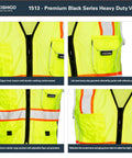 Rock Solid Heavy Duty Reflective Safety Vest Designed For Road Crews And Night Shift Workers Featuring Kickass Ansi Class Two Visibility Cool Airflow Mesh Fabric Six Utility Storage Pockets And Bold Orange Contrast Edging In Extra Large close-up of zipper and pockets