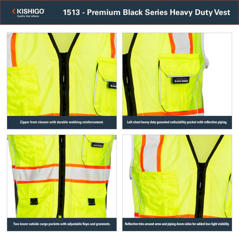 Rock Solid Heavy Duty Reflective Safety Vest Designed For Road Crews And Night Shift Workers Featuring Kickass Ansi Class Two Visibility Cool Airflow Mesh Fabric Six Utility Storage Pockets And Bold Orange Contrast Edging In Extra Large close-up of zipper and pockets