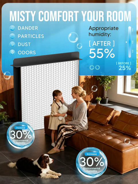 Living room with Essick Aircare humidifier wick filter, highlighting humidity benefits, dog on floor, reducing dust and odors.