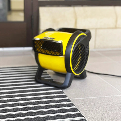 Heavy Duty Utility Blower With 3 Speed Portable Floor Fan, pivoting head and rugged construction on a tiled floor for air circulation