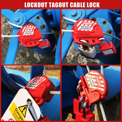 Four red lockout tagout cable locks on machinery. Adjustable Lockout Tagout Steel Cable With Vinyl Coated One Quarter Inch Diameter Six Foot Length Lock Out Tag Out Cable Lock Pack Of Six OSHA Compliant Built Tough For Real Jobs.