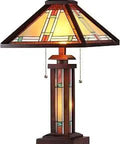 Mission Style 3-Light Double Lit Wooden Table Lamp With Glass Accent Tiffany Style Desk Light Multicolor Finish 25.6 x 15 x 15 Inches E26 Sockets Bulbs Not Included
