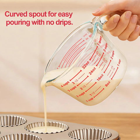 Pouring batter from 4-cup glass measuring jug into muffin tin. 6 Piece Glass Measuring Cup Set With Lids 1 Cup 2 Cup 4 Cup Nesting Jugs Borosilicate Glass Microwave Oven Freezer Safe Dishwasher Safe Clear Liquid Measuring Cups For Kitchen.