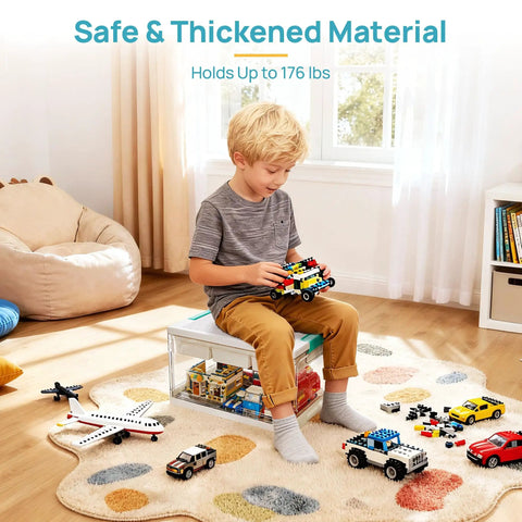 Child sitting on 24 Qt Plastic Storage Box With Building Baseplate Lid And Removable Tray All In One Craft Organizer, playing with toys.