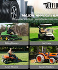 16x6.50 8 Lawn Mower Tires Set Of 2 4PR Turf Tubeless For Lawn And Garden Utility Vehicles Compatible With Most Mowers And Small UT Vs Turf Friendly Grip Pattern And Heavy Duty Traction, pictured on mower and cart