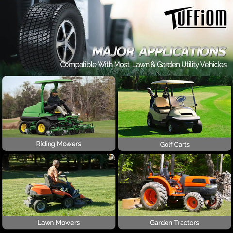 16x6.50 8 Lawn Mower Tires Set Of 2 4PR Turf Tubeless For Lawn And Garden Utility Vehicles Compatible With Most Mowers And Small UT Vs Turf Friendly Grip Pattern And Heavy Duty Traction, pictured on mower and cart