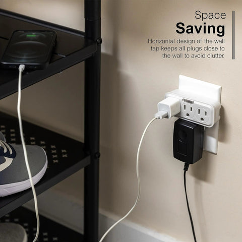 3 Outlet Wall Tap With Guide Light For Expanded Power 3 Prong Grounded Outlet Space Saving Horizontal Design UL Listed White Electrical Adapter plugged in next to a shelf