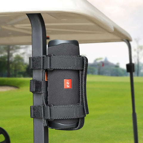 Go-To Golf Cart Speaker Mount With Adjustable Straps Bluetooth Wireless Holder on golf cart rail, black, outdoor setting.