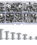 Hella Durable 160 Piece Chicago Screw And Binding Post Set Crafted For Heavy Duty Leather Projects and Photo Book Binding Featuring M4 M5 Size Compatibility With Anti Rust Nickel Finish in a plastic organizer