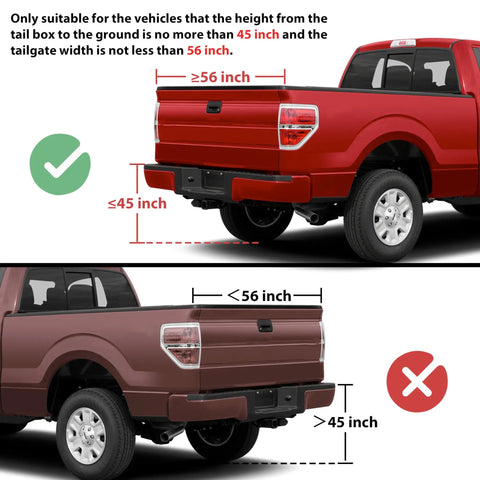 45 Inch Foldable Tailgate Ladder With Grab Handle For Pickup Trucks, Heavy Duty Step Up Access, Fits Ford F Series, Ram 2500, Silverado And More, 600 LB Capacity, Easy Install showing 45 in height and 56 in width fit guide