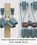 Four Zone Wireless Water Timer And Gateway System With Built In Valves And Flow Meters For Precise Garden Irrigation, No Fuss Zone Control, Remote Scheduling, And Smart Hose Timers mounted on faucet