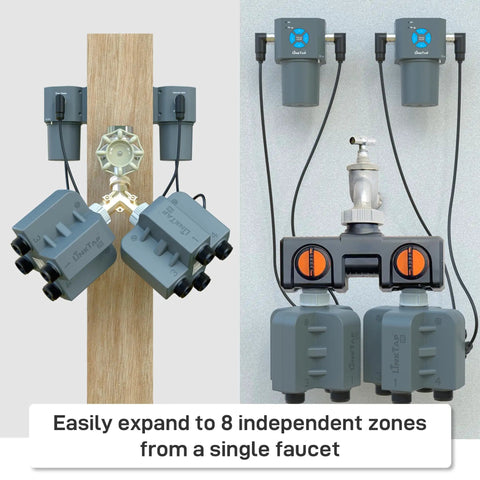 Four Zone Wireless Water Timer And Gateway System With Built In Valves And Flow Meters For Precise Garden Irrigation, No Fuss Zone Control, Remote Scheduling, And Smart Hose Timers mounted on faucet