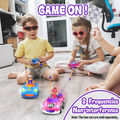 Children playing with Toddler Friendly Remote Control Car For Girls Aged 2 To 4 Simple Two Button RC Vehicle With Lights.