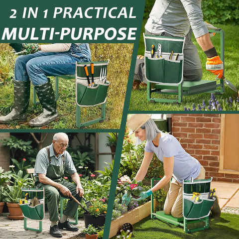 Heavy Duty Garden Kneeler And Seat With Extra Wide 10.2 Inch EVA Cushion, shown in use by seniors and women in a garden setting.