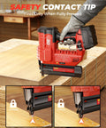 Heavy Duty 18 Gauge Cordless Brad Nailer And 2 Inch Electric Stapler Works With Milwaukee 18 V Battery shown in use with locked and unlocked safety contact tip.