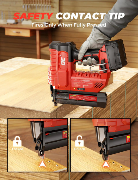 Heavy Duty 18 Gauge Cordless Brad Nailer And 2 Inch Electric Stapler Works With Milwaukee 18 V Battery shown in use with locked and unlocked safety contact tip.