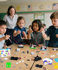 8 Set Electric Circuit STEM Kits For Kids Aged 8 To 12 Easy Setup No Tools Needed Each Kit Comes With Its Own Manual Supports Up To 8 Players Batteries Not Included Super Fun Hands On Electronics Projects classroom scene with kids building wire circuits