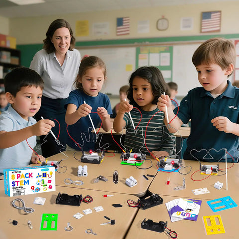 8 Set Electric Circuit STEM Kits For Kids Aged 8 To 12 Easy Setup No Tools Needed Each Kit Comes With Its Own Manual Supports Up To 8 Players Batteries Not Included Super Fun Hands On Electronics Projects classroom scene with kids building wire circuits