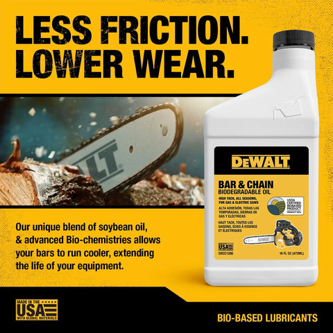Biodegradable Bar And Chain Oil For Chainsaws And Pole Saws Eco Friendly Non Toxic Lubricant Ultraclean All Season Oil For Gas And Electric Saws 16 Oz bottle next to chainsaw cutting wood