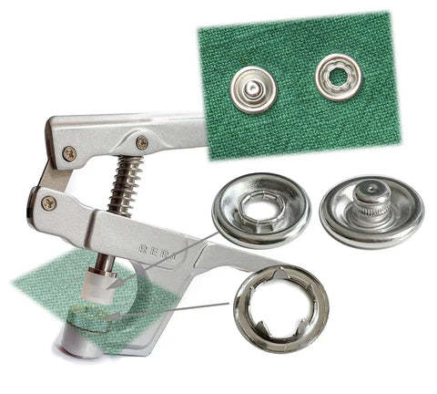 80 Piece 11mm Metal Snaps With Pliers Fastener Tool Kit For DIY Sewing And Crafting Includes Adapters And Press Tool For Jersey Buttons Snap Set Ready To Install On Jeans Bags And More, showing pliers and snap components on fabric