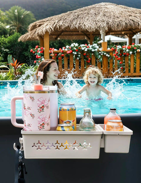 2 Piece Poolside Storage Basket Set With Cup Holder For Above Ground Pools Fits Steel Round Or Oval Frames Top Rail 3 Inches Or Less Upgrade Kit For Easy Deckside Organization And Poolside Convenience attached to pool rail