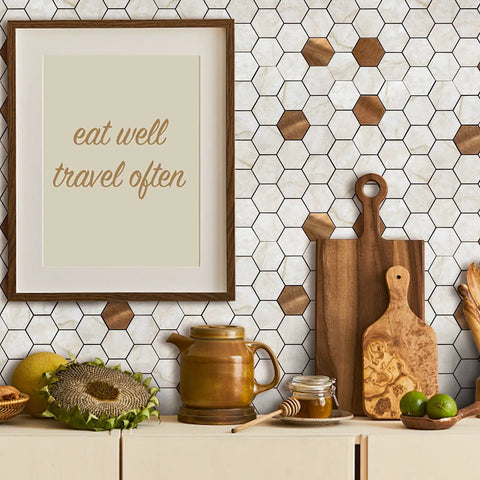 10 Pack Peel And Stick Hexagon Backsplash Tiles In Cream Marble Brushed Copper Metal Look For Kitchen And Bath on wall