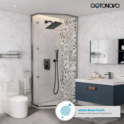 Bathroom with Rainfall Shower System, 8 Inch Square Rain Shower Head, Wall Mounted Handle, Matte Black Combo, Solid Brass Valve.