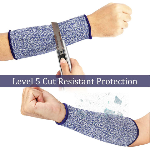 Five Pack Cut Resistant Arm Sleeves For Men And Women demonstrating cut resistance with a knife on blue sleeve