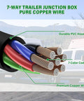 Heavy Duty Six Foot Seven Pin Trailer Wiring Harness With Seven Way Junction Box And Pure Copper Cord, showing color-coded pure copper wires.