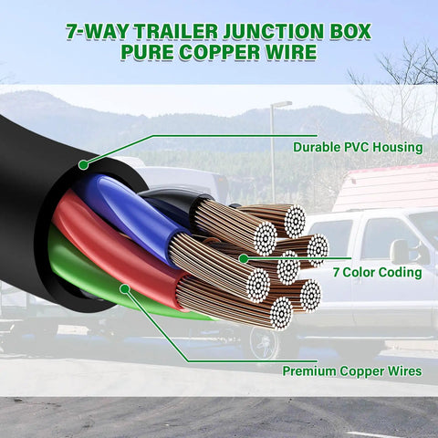 Heavy Duty Six Foot Seven Pin Trailer Wiring Harness With Seven Way Junction Box And Pure Copper Cord, showing color-coded pure copper wires.