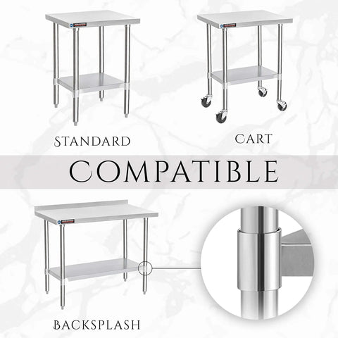 Galvanized Under Shelf For 30 By 18 Inch Work Tables With Extra Adjustable Lower Shelf Fits Stainless Steel And Wooden Tables Great For Restaurant Warehouse Home Kitchen And Garage Use shown with compatible options including standard, cart, and backsplash models.