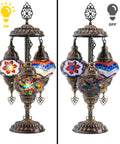 Boho Mosaic Glass Triple Globe Turkish Table Lamp With Handmade Moroccan Lampshade In Purple 21 Inch Tall US Plug on and off