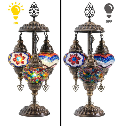 Boho Mosaic Glass Triple Globe Turkish Table Lamp With Handmade Moroccan Lampshade In Purple 21 Inch Tall US Plug on and off