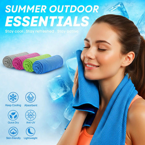 Woman using 4 Pack Cooling Towels 40x12 Inches Instant Chill Microfiber Sweat Towels For Gym Run Yoga Travel Outdoor Adventures