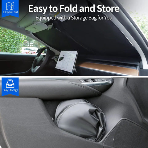 Tesla Model 3 Y Sun Shade Upgraded Foldable Front Sunshade in use, showing easy fold and storage inside the car.