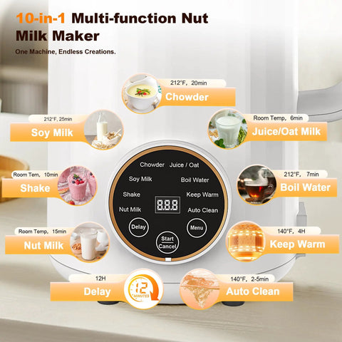 Controls and settings of 10 In 1 Plant Based Milk Maker All In One Kitchen Boss With 34 Oz Capacity 304 Stainless Steel With 12 Blades