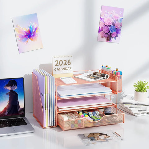 4 Tier Desk Organizer Set With File Holder, Drawer, And Two Pen Holders In Rose Gold on desktop with calendar and files
