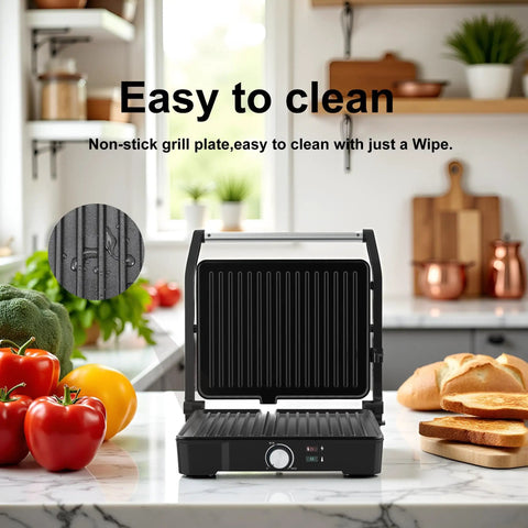 Versatile Contact Grill And Panini Press With 180 Degree Floating Hinge Plates For Steaks, Sausages, Quesadillas. Non-stick grill plate in kitchen.