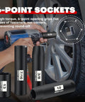 Heavy-Duty 48-Piece Three Eighths Inch Drive Impact Socket Set With 6-Point CR-V Sockets, SAE And Metric in use on tire