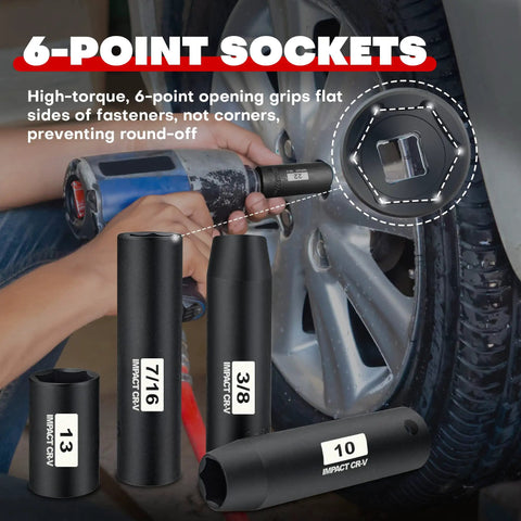 Heavy-Duty 48-Piece Three Eighths Inch Drive Impact Socket Set With 6-Point CR-V Sockets, SAE And Metric in use on tire