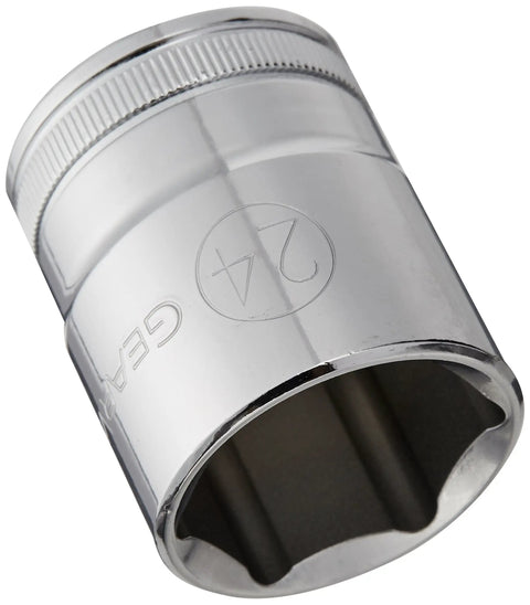 One Half Inch Drive Standard Metric Socket Twenty Four Millimeter Six Point With Chamfered Opening And Hard Stamped Size Markings In Black Finish