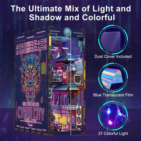 Cyber City Book Nook Kit For Adults Wooden 3D Puzzle Bookend And Shelf Insert Decor with dust cover and colorful LED lights