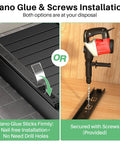 Installation options for Knockout Heavy Duty Pull Out Cabinet Organizer; nano glue or screws for ease of setup.