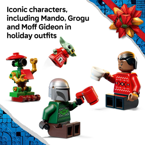 Holiday Lego Star Wars Advent Calendar 2026 Packed With Surprise Buildable Minifigures features Mando, Grogu, and Moff Gideon in festive outfits.