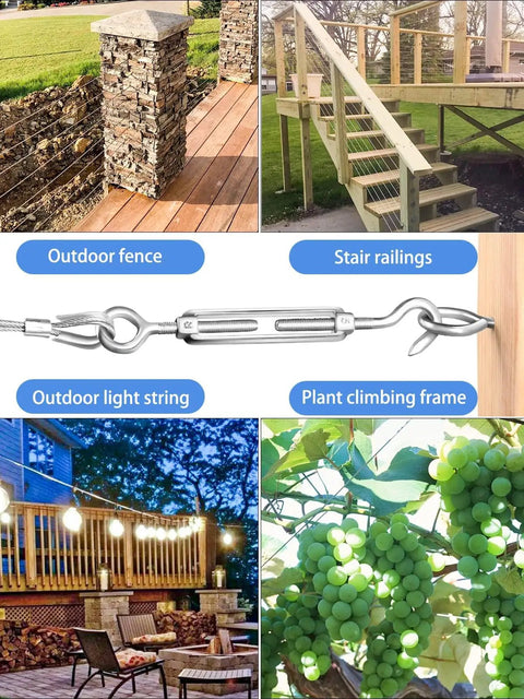Stainless Steel Turnbuckle Set for Cables and Wires 304 Grade Turnbuckle Hook and Eye Tensioners used in outdoor settings.