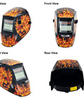 Auto Darkening Welding Helmet With True Color And Wide Shade Range 5 To 13 Solar Powered, fiery design, multiple views