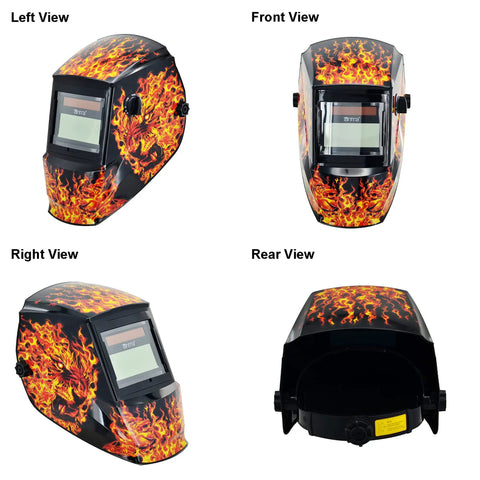 Auto Darkening Welding Helmet With True Color And Wide Shade Range 5 To 13 Solar Powered, fiery design, multiple views