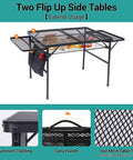 Folding Grill Table For Camping And Tailgating, Adjustable Height And Width, Metal Frame With Mesh Net, Flip Up Side Tables