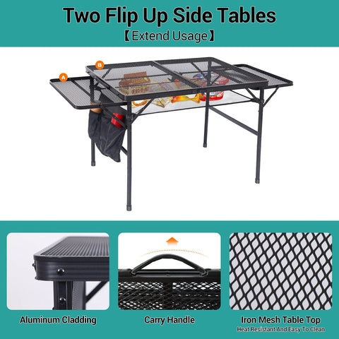 Folding Grill Table For Camping And Tailgating, Adjustable Height And Width, Metal Frame With Mesh Net, Flip Up Side Tables