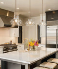 Clear Schoolhouse Glass Pendant Shade Replacement 9 Inch by 6 Inch for Pendant Lights Modern Chandelier Glass Upgrade Fits Threaded Medium Base Sockets Hang Up or Down for Easy Remodel over kitchen island